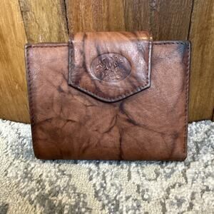Vintage 80s Buxton Brown Marbled 100% Leather Floral Embossed Bifold Wallet